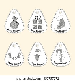 Set of icon with line ornament. Christmas collection. Doodle illustration.