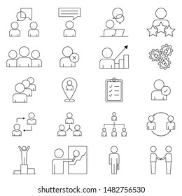 Set icon in line style. A simple set of business people. Contains icons such as meeting, business communication, teamwork, communication, conversations and more. Related Vector Line Icons.