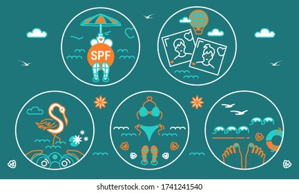 Set of icon, logo, badge with Summer Travel Illustration. 