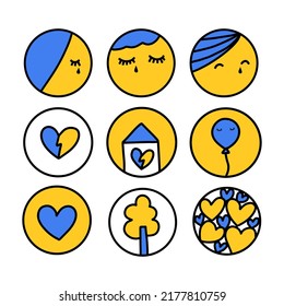 Set of icon logo in cartoon doodle style ukrain tragedy flag color crying man people broken heart home house love hearts freedom