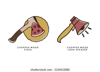 set of icon logo design template about wood chopper pizza and loud speaker chopper. doodle style. 