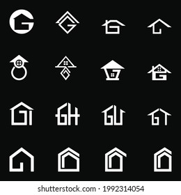 Set Icon Logo. House Concept. Letter G, GI, GH, GU, GT. Minimalist Logotype. Black and White. Logo, Icon, Symbol and Sign. For Real Estate Logo