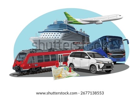 Set icon logo sign flat trip vector illustration Mudik tradition Indonesia Moslem family returning hometown car motorcycle air plane train during celebrate the Eid al fitr air plane sea road trans
