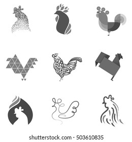 Set icon or logo template with red rooster. Symbol for corporate branding identity 2017 year. Label inspiration for advertising, business, web design. Vector illustration.