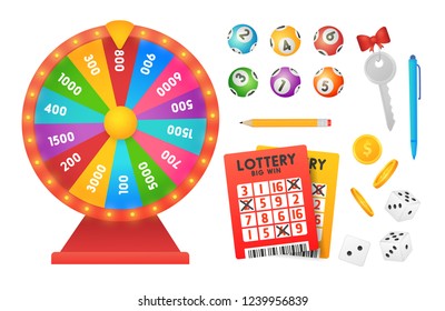 Set icon for lottery. Wheel of fortune, Lotto, dices, gold coins. Gambling. Vector isolated illustration