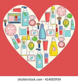 Set icon of MakeUp, beauty and healthy cosmetic product Symbols background over heart shape - Illustration