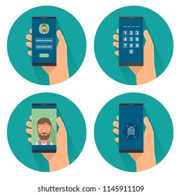 Set icon male holding smartphone with concept safety access to phone on screen. Laser scan ID face, buttons numbers, enter password, fingerprint. Color flat vector icon isolated on turquoise circle