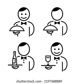 Establece un icono con un camarero varón. Hombre con cara de sonrisa y sin rostro. En la mano hay una bandeja con una botella de vino, un vaso y comida. Elemento de diseño del restaurante. Ilustración del contorno blanco y negro del vector