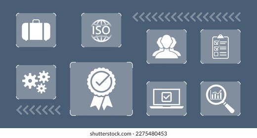 Set icon of marks of highest quality of service, guarantees of company product standards, ISO certification, laptop with validate check mark. Concept with pictograms of certificate, employees and case