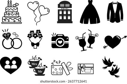 set icon marriage love celebration engagement vector black outline