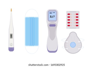 Set icon of medical objects for therapy. Electronic thermometer, medical mask, respirator, capsules aspirin in blisters. 