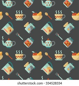 set of icon morning kitchenware, on dark background, flat ilustration
