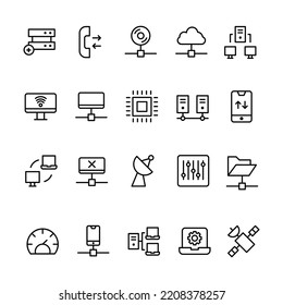 Set Of Icon Networking With Outline Style. Contains such Icons as Server, Computer, CPU, Data Folder, Etc. 