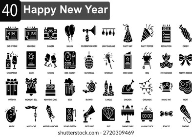 Conjunto de icono para una fiesta de año nuevo, desde cajas de regalo y tarjetas de felicitación hasta atuendos de fiesta como trajes y sombreros mágicos, etc., lo que lo hace ideal para el diseño de eventos
