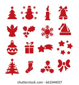 Set of icon of New Year stencils. Vector collection of template. Silhouettes of Christmas tree, snowman, snowflake, falling star, ball, gift, candle, hat, angel. Laser cutting, wood carving sample.