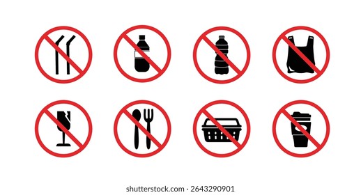 Set icon no plastic, no single use plastic icon. empty bags, no straws, no cups and food containers
