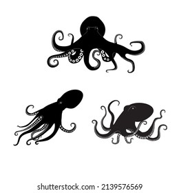 Set of icon of octopus different formy on white background. Vector illustration of octopus for logo, tattoo, decoration in flat style.
