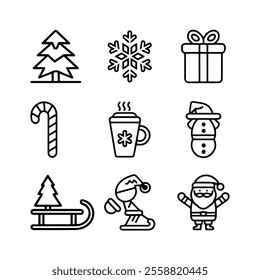 set of icon on christmas items like tree, santa, gift box ec.