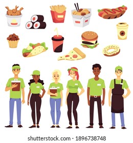 Set of icon on theme fast food restaurants. Traditional takeaway food and team of workers in green uniform, service staff for taking the orders. Flat vector isolated illustrations.