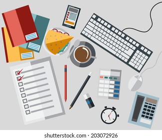 Set of Icon On Work Table with Flat Style Icon Vector