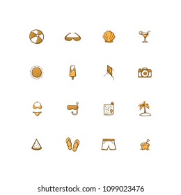 set icon of Orange Hand drawn Summer Holidays beach fun simple Icons vector