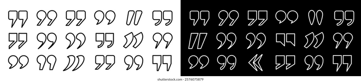 A set of icon outlines in the form of quotation marks on a white and black background. A set of quotation marks, isolated round and square vector icon in the form of a comma. Vector EPS 10.