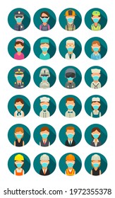 Set icon people different professions. Character cook, builder, business, army, police, fireman and medic. Vector flat illustration on turquoise circle.