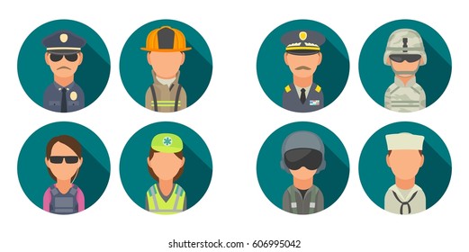 Set icon people different professions. Soldier, officer, pilot, marine, sailor, police, bodyguard, fireman, paramedic. Vector flat illustration on turquoise circle