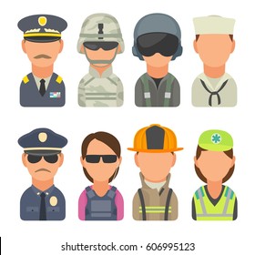 Set icon people different professions. Soldier, officer, pilot, marine, sailor, police, bodyguard, fireman, paramedic. Vector flat illustration on turquoise circle