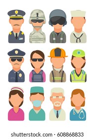 Set icon people different professions. Soldier, officer, pilot, marine, sailor, police, bodyguard, fireman, paramedic and medic. Vector flat illustration on turquoise circle