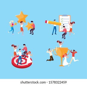 set of icon with people and goals vector illustration design