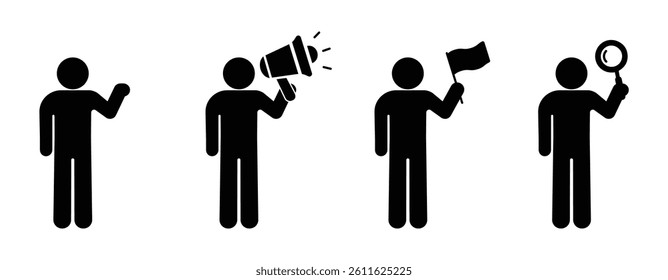 set icon people holding objects, sticks figure stickman pictogram, isolated human silhouette