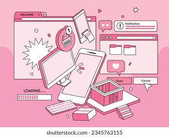 Set Icon Pop-up Social Media Online and E-Commerce, Notification,Shopping Online,Loading,Phone and Computer with pink Background.Vector