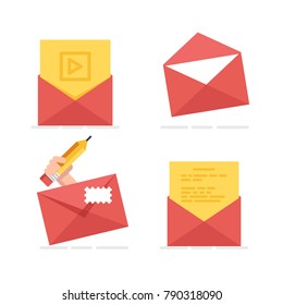Set icon of Postal envelope, new email sending message, read letter flat vector illustration
