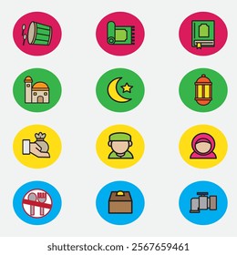 set of icon ramadan with color good for for element design, moslem icon, ui design, web design, etc	