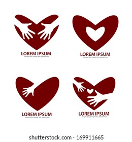 Set icon red heart with hand isolated on white background with space for text.  Vector EPS 10 illustration.