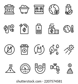 Set Of Icon Renewable Energy With Outline Style. Contains such Icons as Accumulator, Coal Cart, Eco Battery, Etc. 