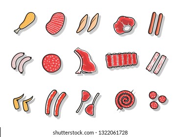 Set of icon represent different type of meat chicken pork cow and products like bacon sausages meatball hamburger, colored and vector