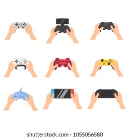 Set icon retro and modern gampads and joysticks for game in hands flat