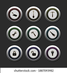 Satz Symbol, runde Schaltfläche mit goldenem Symbol