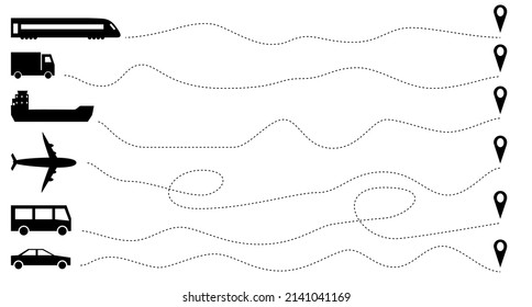 Set of icon of route line different formy on white background. Vector illustration of train, truck, ship, plane, bus and car path in dotted line shape with flight path and arrival pin in flat style.