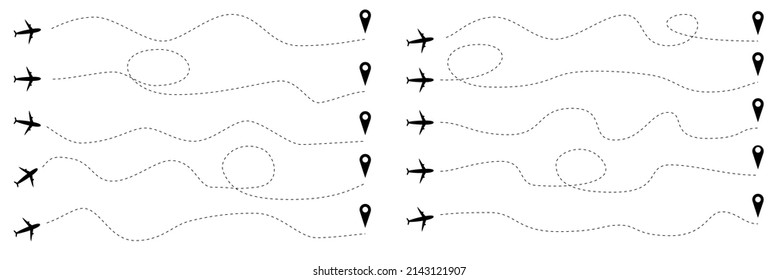 Set of icon of route line different formy on white background. Vector illustration of airplane path in dotted line shape with flight path and arrival pin in flat style.