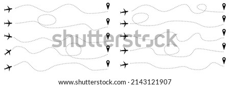 Set of icon of route line different formy on white background. Vector illustration of airplane path in dotted line shape with flight path and arrival pin in flat style.