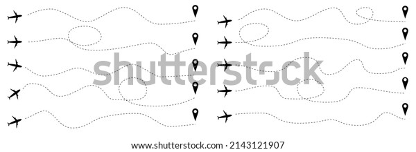 Set of icon of route line\
different formy on white background. Vector illustration of\
airplane path in dotted line shape with flight path and arrival pin\
in flat style.