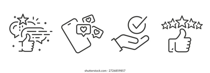 Conjunto de iconos de satisfacción, apreciación, aceptación, reconocimiento positivo, íconos de interacción de redes sociales, Vectores de línea en blanco