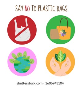 Set icon say no to plastic bags and Save the world flat vector illustration