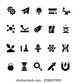 Set Of Icon Science With Glyph Style. Contains such Icons as Atom, Dropper, Tube, Flask, Etc. 