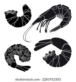 Set Icon shrimp peeled with tail. Linear illustration shrimp without shell, seafood