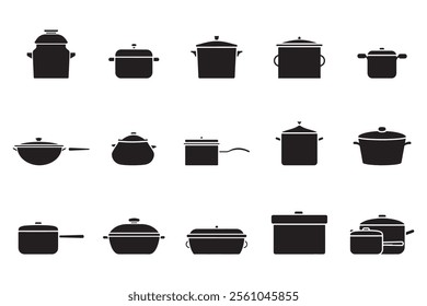 Set of icon silhouettes of pans and pots for cooking
