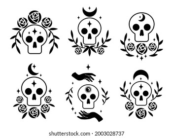 Set icon skull magic symbols esoteric witch tattoos with crescent moon, rose flower, branch of leaves, star. Vector flat mystic vintage illustration. Design for poster, card, flyer, tarot